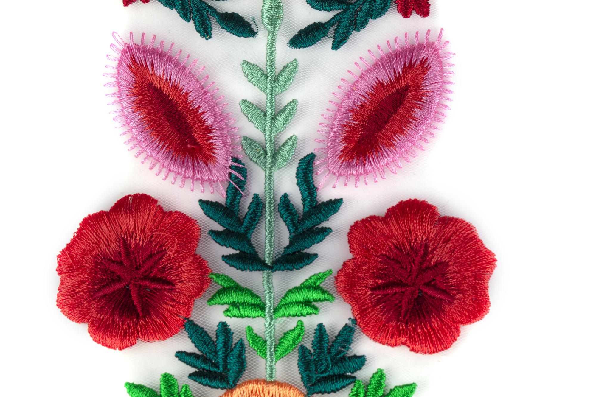 Close-up of embroidered floral motif